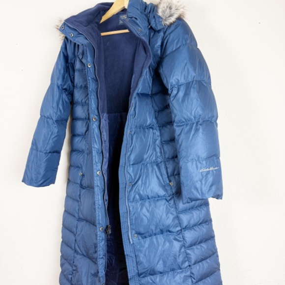 Eddie Bauer Blue Down Long Fur Hooded Coat Size PM - Picture 2 of 5